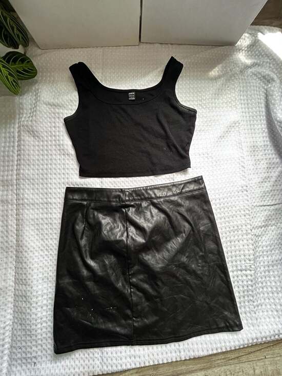 Unknown Dresses & Skirts - Black Ribbed Tank Top and Faux Leather Mini Skirt Set Size S